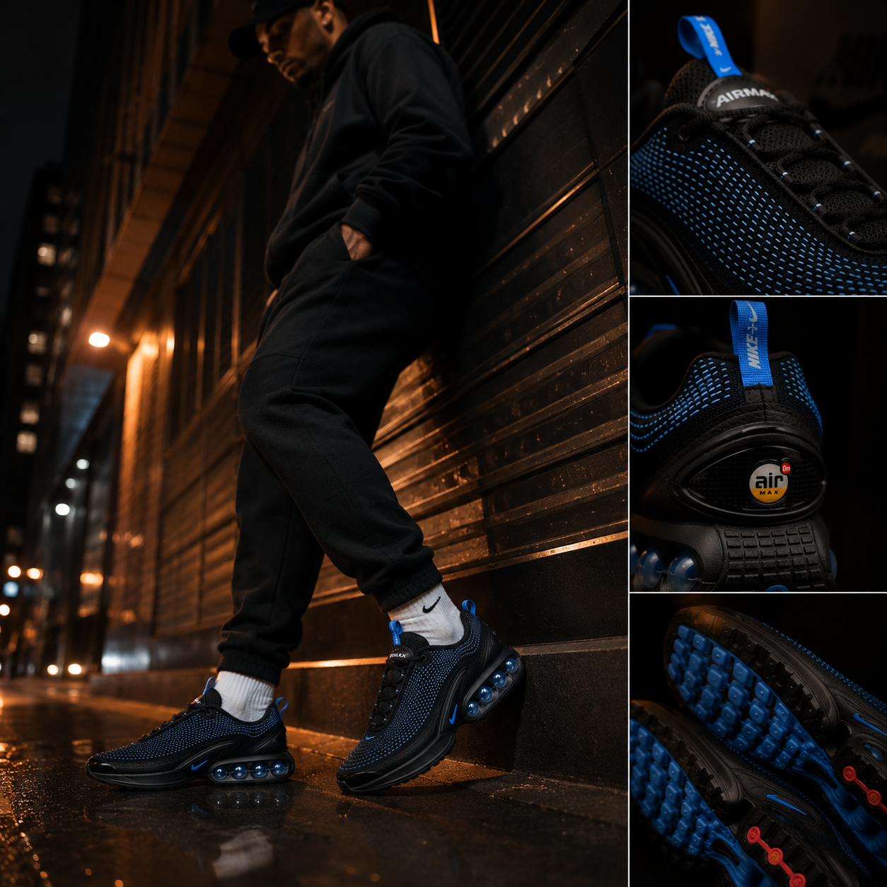 Nike Air Max DN IH4463-001 Homme portée en environnement urbain nocturne premium