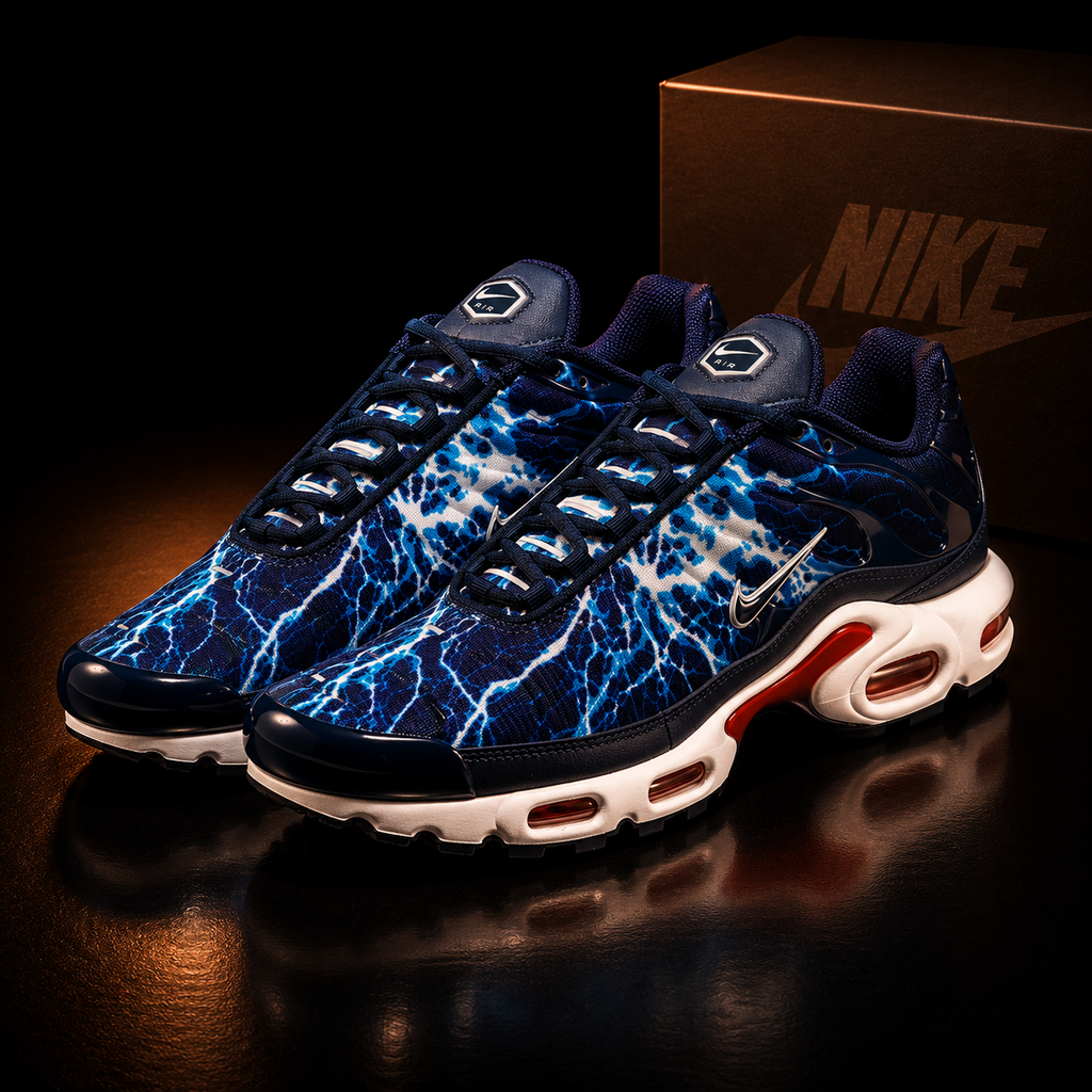 Nike Air Max Plus Eclair Lightning HV2323-400 Homme vue 3/4 avant gauche fond noir cuivre