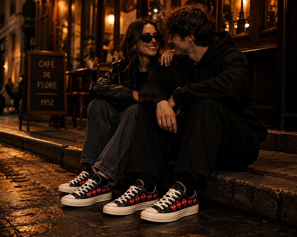 Couple portant les Converse Chuck 70 CDG Play A08149C Unisexe en ambiance urbaine nocturne premium