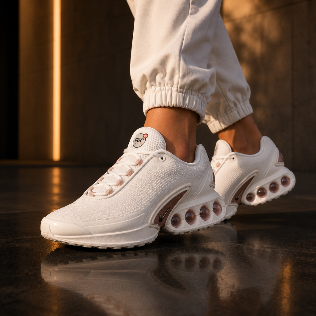 Nike Air Max DN Tech IH0284-100 Femme portée par une femme dans un décor contemporain premium