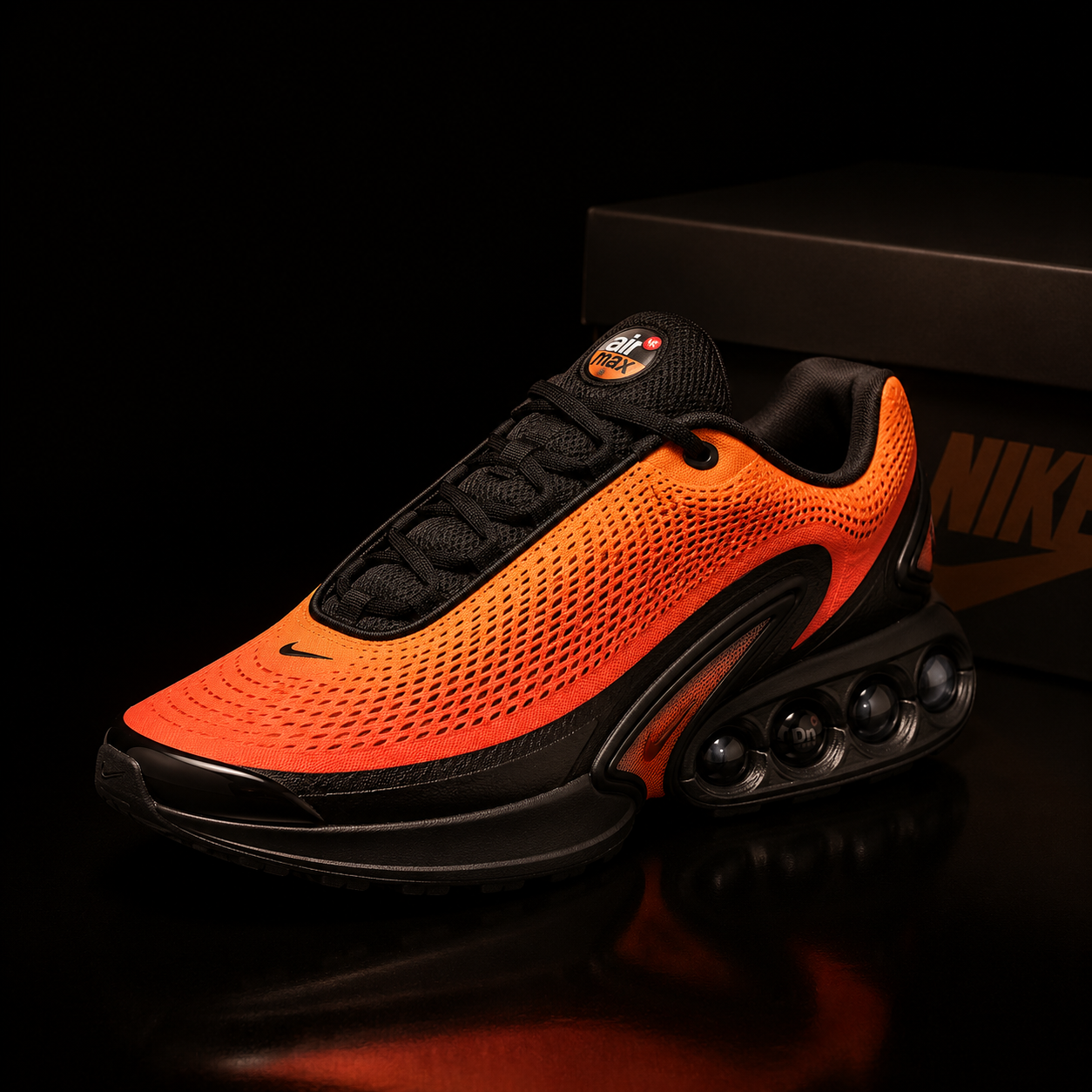 Nike Air Max DN IB4505-803 Unisexe vue 3/4 premium coloris orange et noir sur fond noir