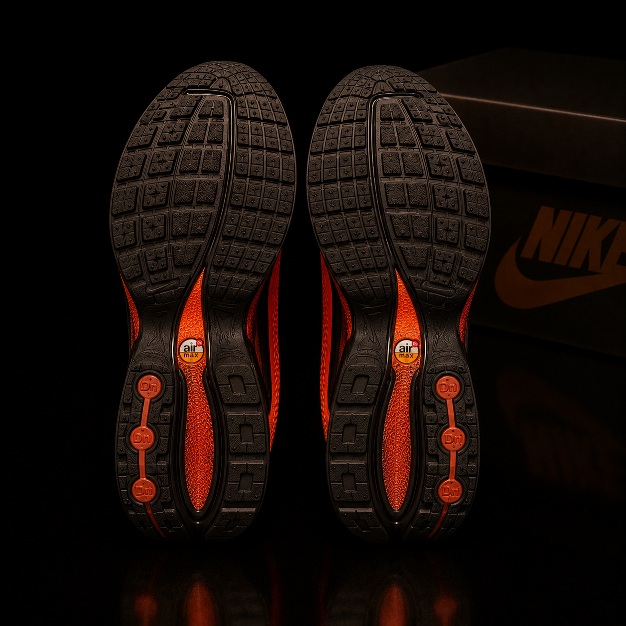 Nike Air Max DN IB4505-803 Unisexe vue semelles extérieures noires avec détails orange