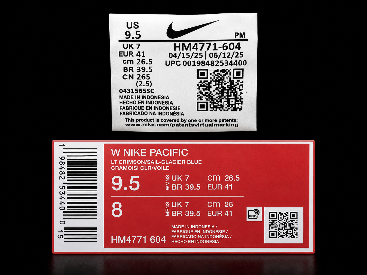 Étiquette d’authenticité Nike Pacific HM4771-604 avec référence produit et étiquette boîte