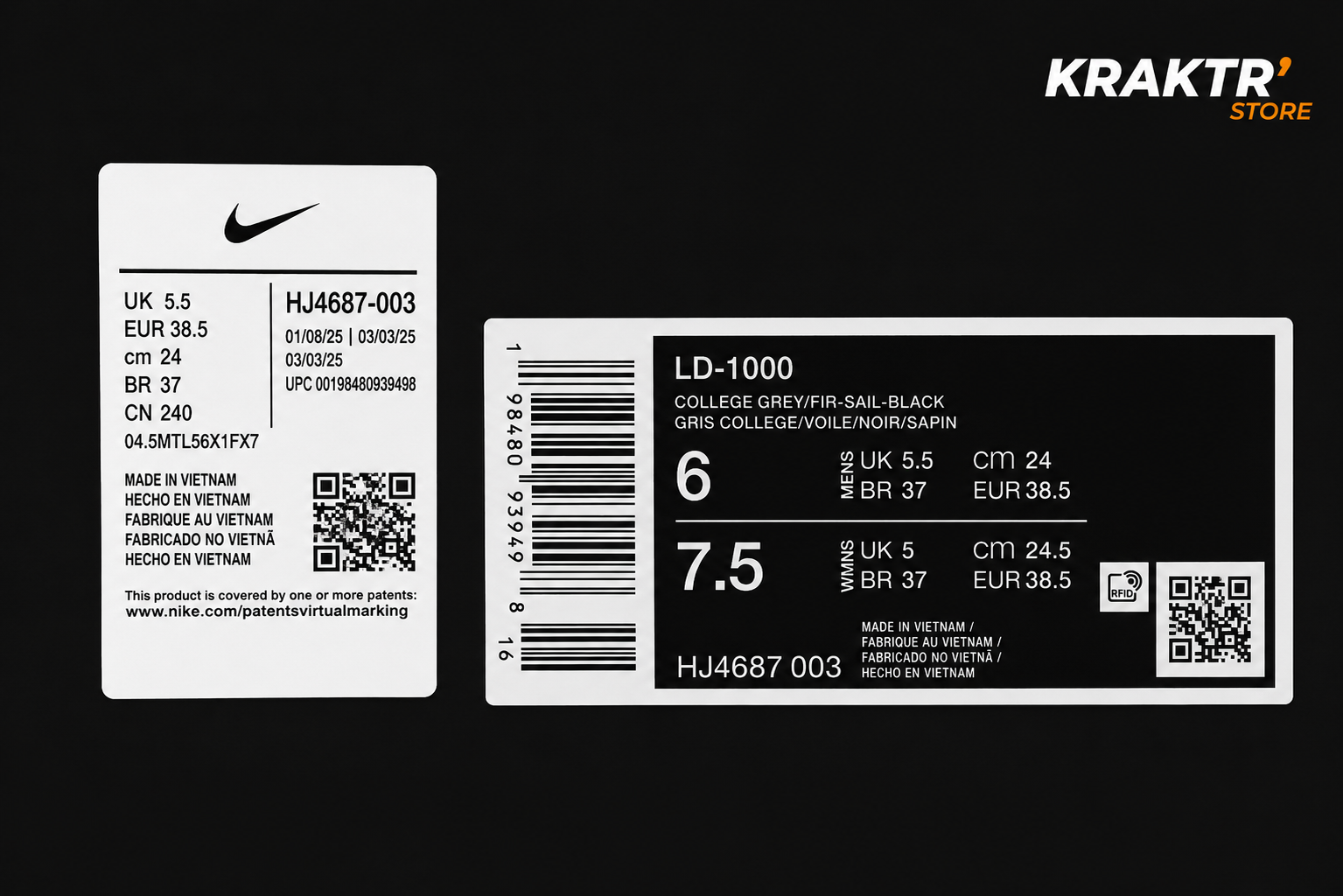 Étiquette boîte Nike LD-1000 HJ4687-002 taille 38.5

