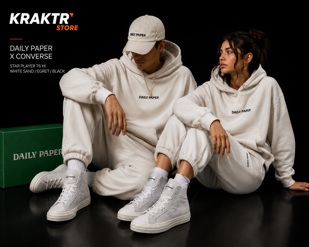 Couple portant Converse x Daily Paper Star Player 76 Hi White Sand look streetwear