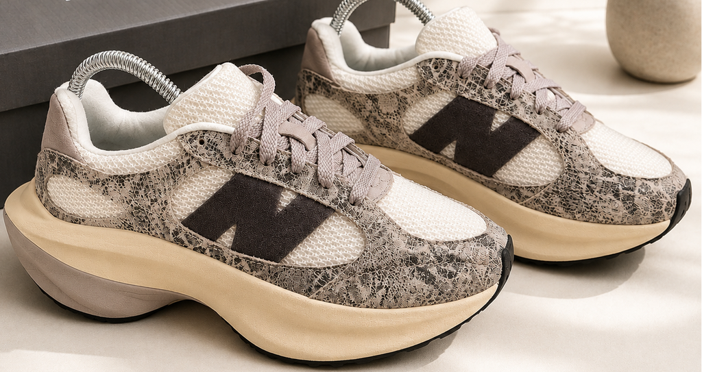 Vue trois-quarts New Balance WRPD Runner Beige Grey lifestyle premium