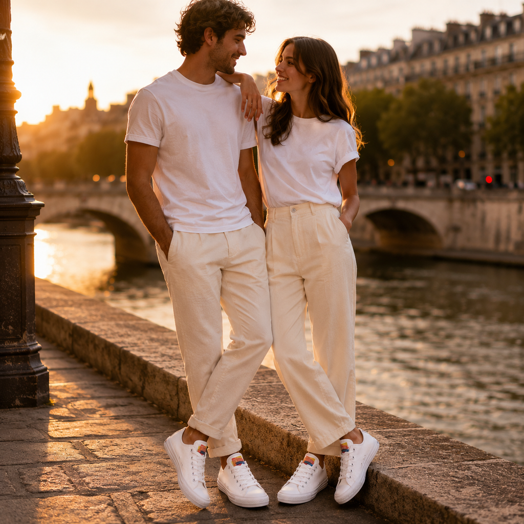 Converse CTAS Ox 165330C Unisexe portée par un couple en ville au coucher du soleil