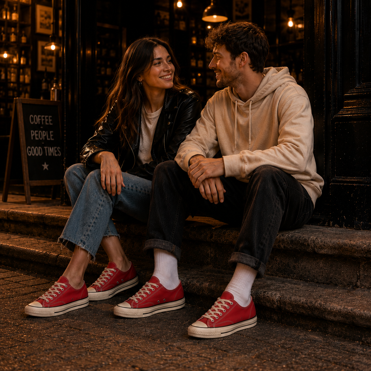 Converse Chuck 70 OX A06527C portée par un couple ambiance café urbain premium