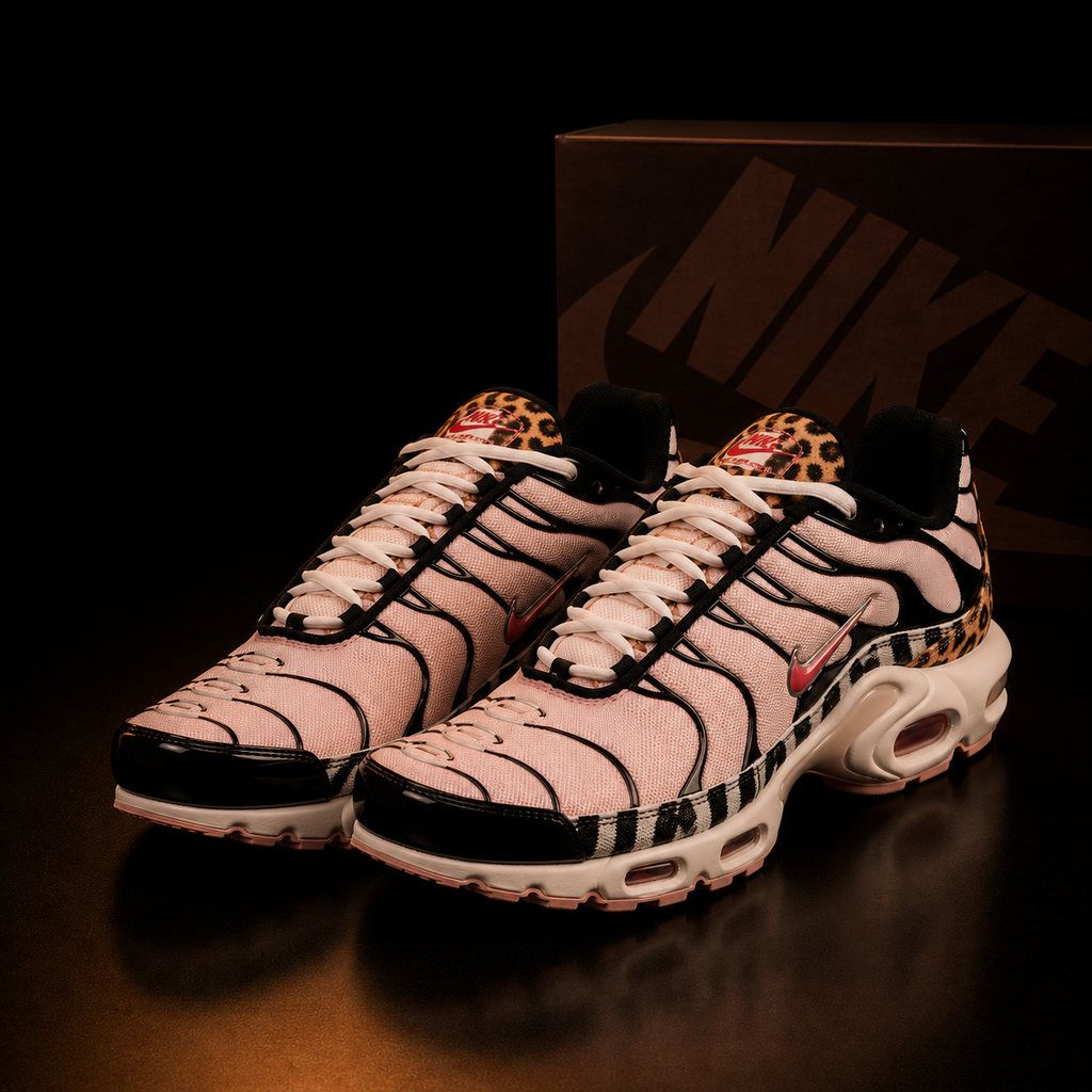 Nike Air Max Plus DZ4842-600 Femme vue 3/4 gauche de face – détails imprimé léopard