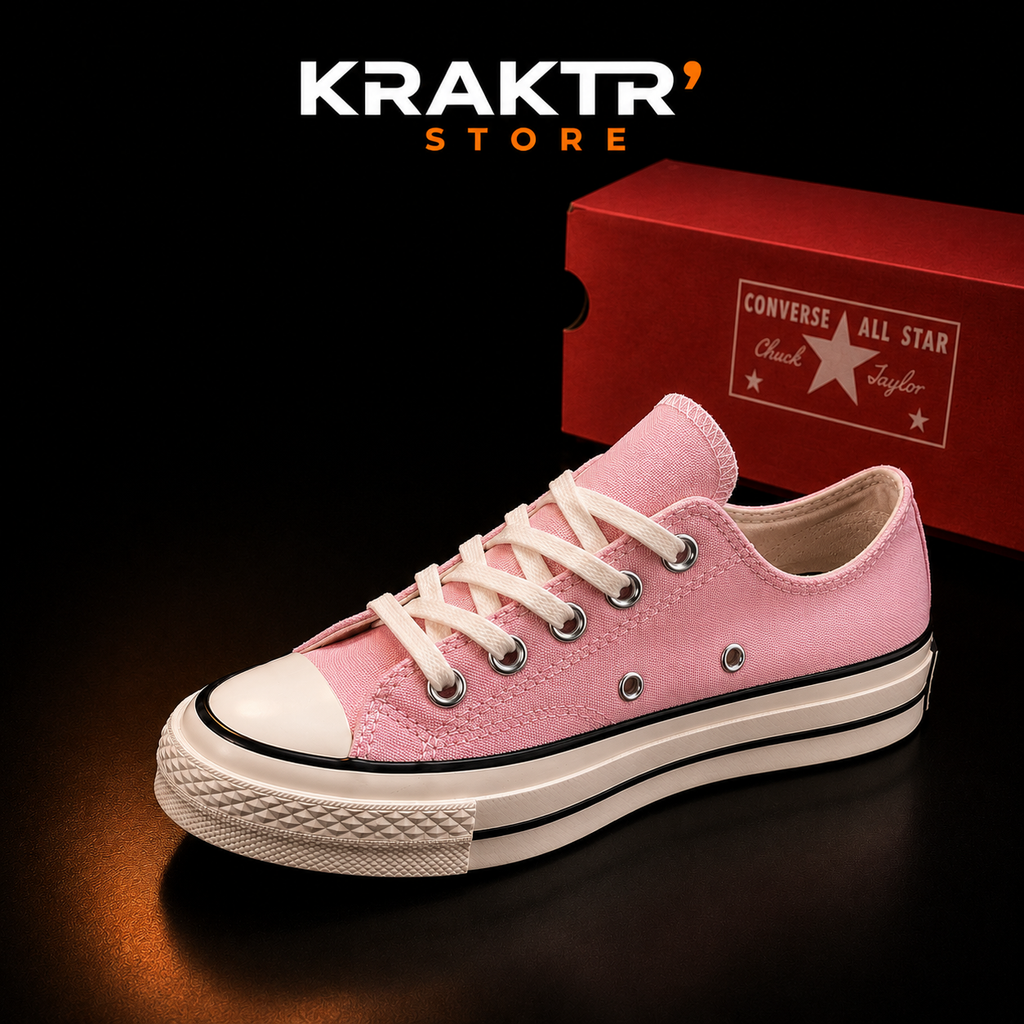 Converse Chuck 70 OX Pink Frosting rose pastel vue latérale avec logo KRAKTR STORE