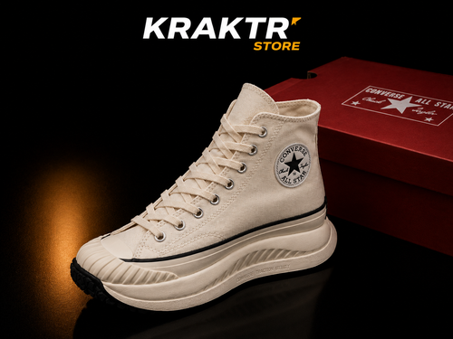 Converse Chuck 70 AT-CX Hi Vintage White Egret Black vue latérale avec boîte rouge KRAKTR