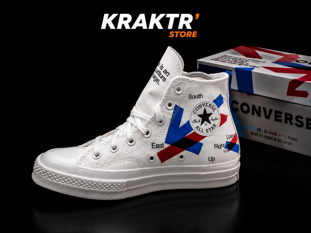 Converse Chuck 70 Hi Patta White Multicolor vue trois-quarts avec boîte KRAKTR STORE