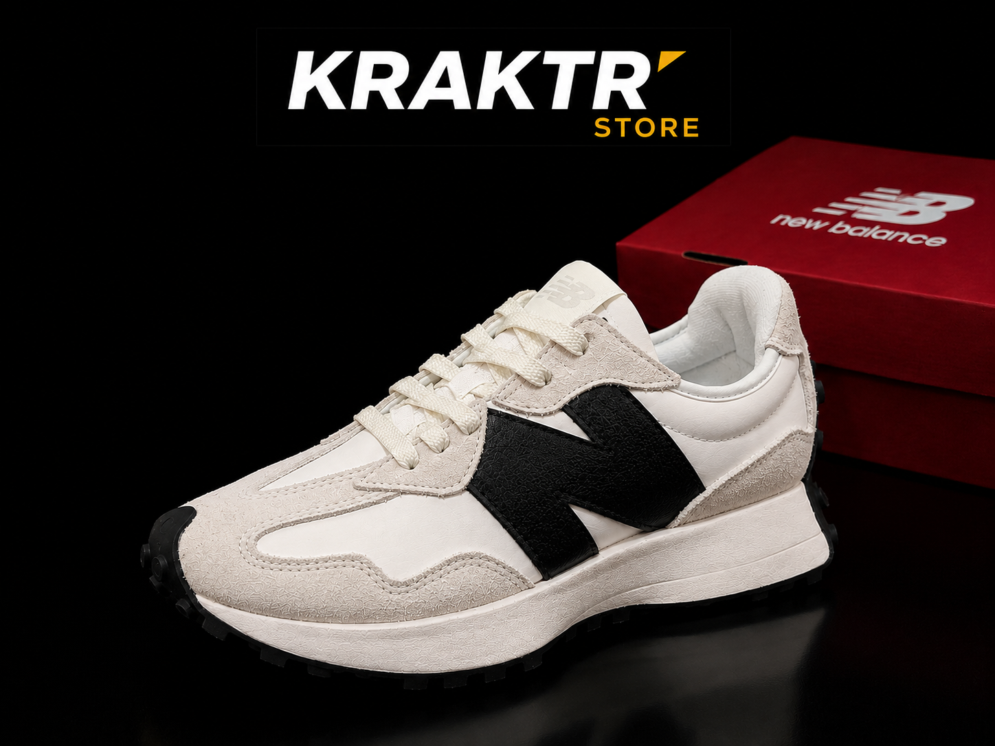 New Balance 327 White Black taille 36 vue premium fond noir trois-quarts avec boîte