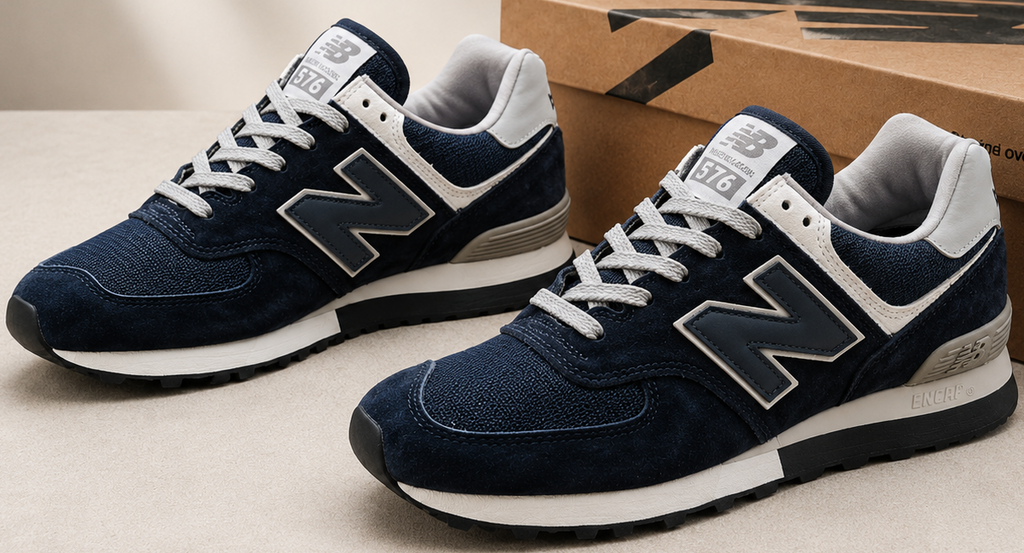 New Balance 576 Made in UK Navy vue latérale avec boîte New Balance