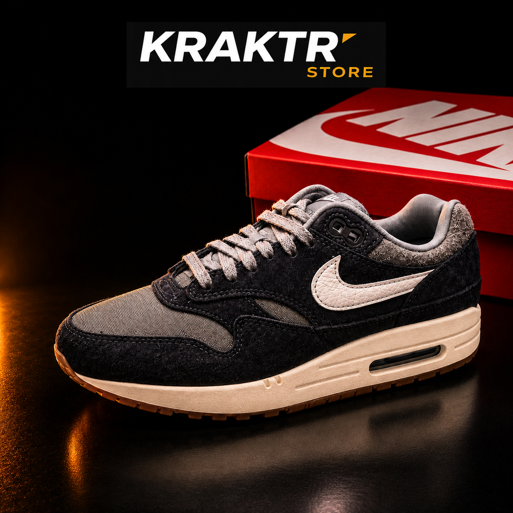 Nike Air Max 1 PRM Soft Grey Neutral Grey Femme vue latérale extérieure avec boîte Nike rouge et logo KRAKTR STORE sur fond noir premium