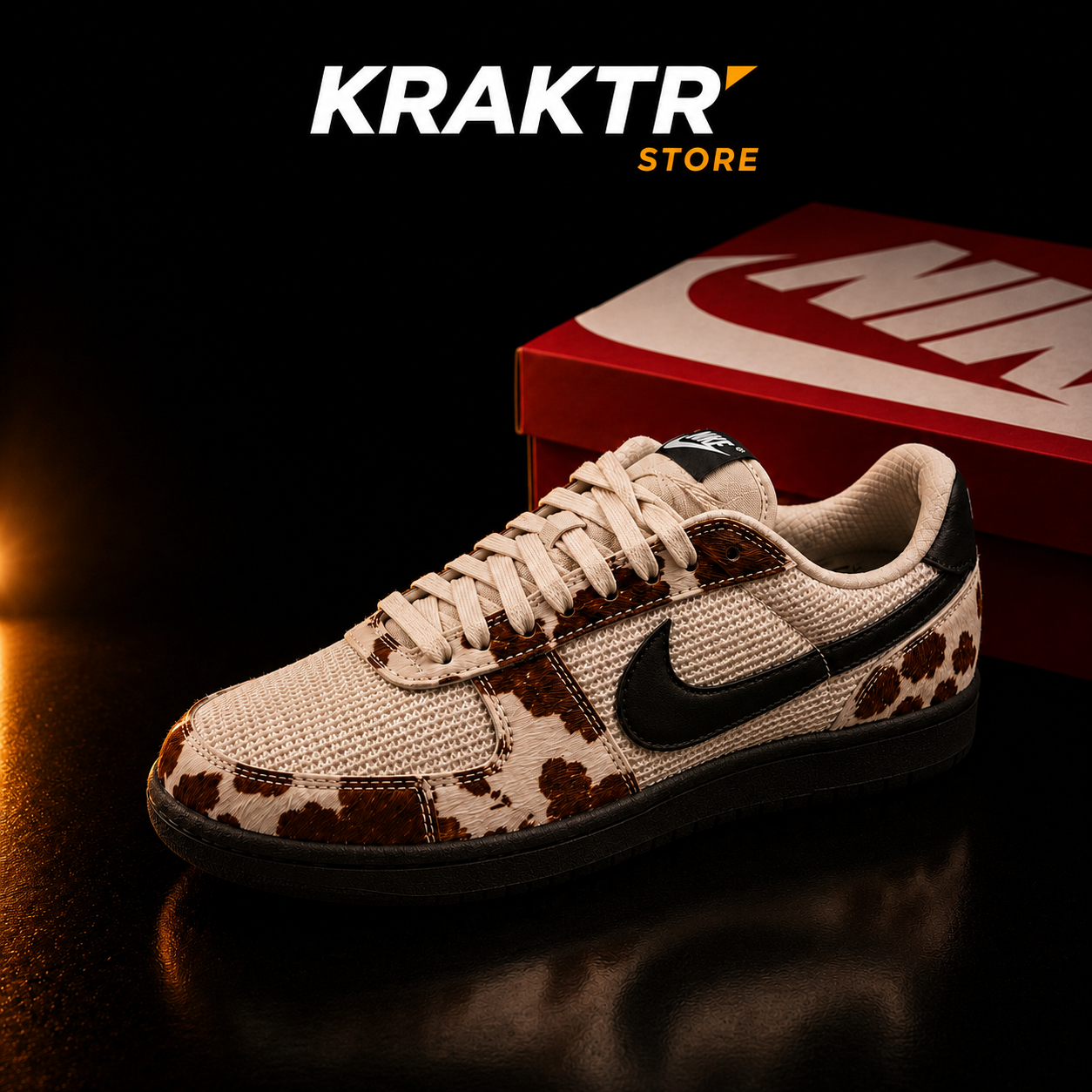 Nike Field General Cow Print Beige Marron vue premium fond noir avec boîte Nike rouge
