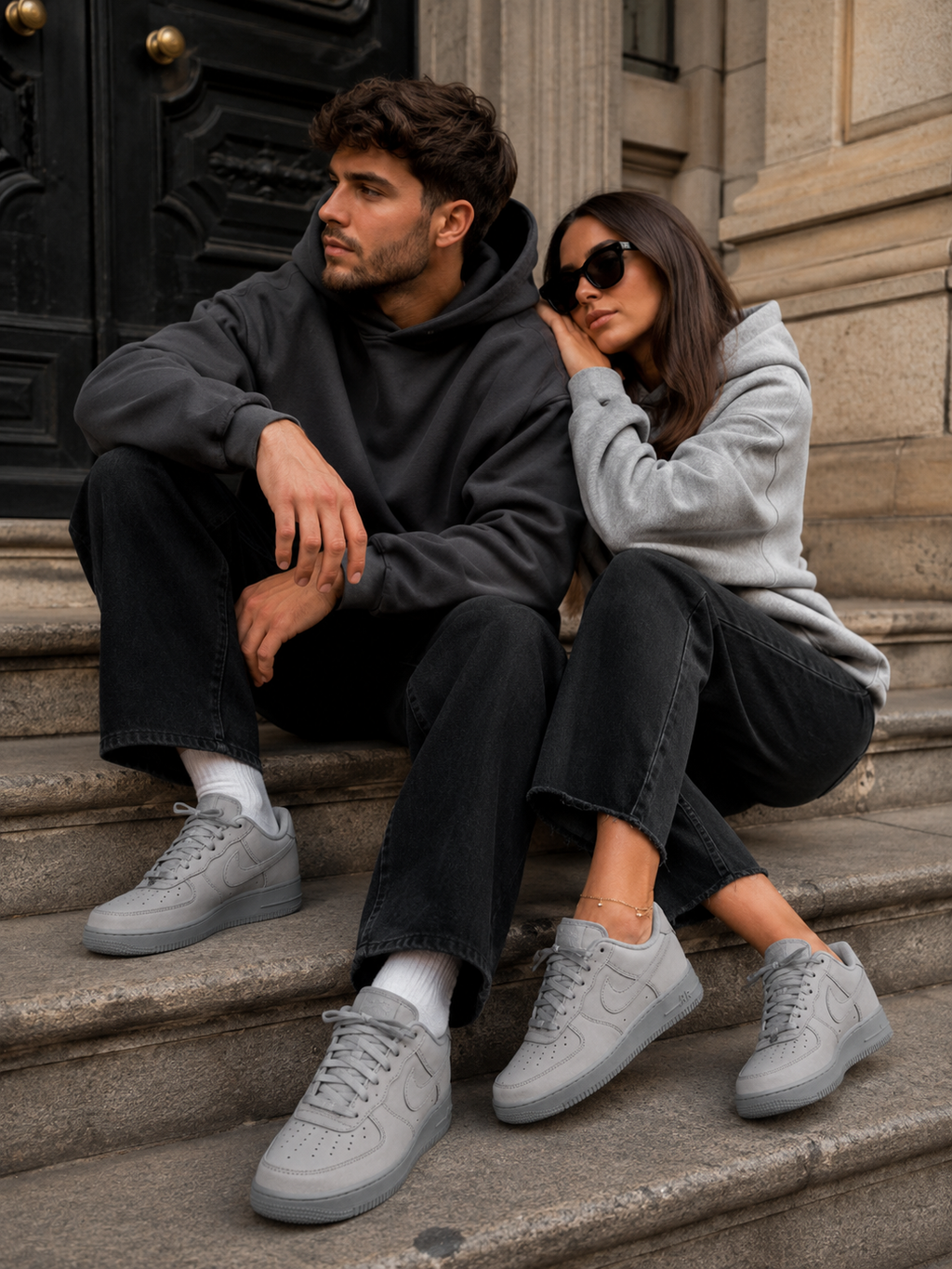 Couple portant des Nike Air Force 1 '07 WB Wolf Grey CJ9179-002 assis sur des marches en pierre dans un décor urbain élégant, sneakers grises premium en suède, style streetwear lifestyle homme et femme, KRAKTR STORE.