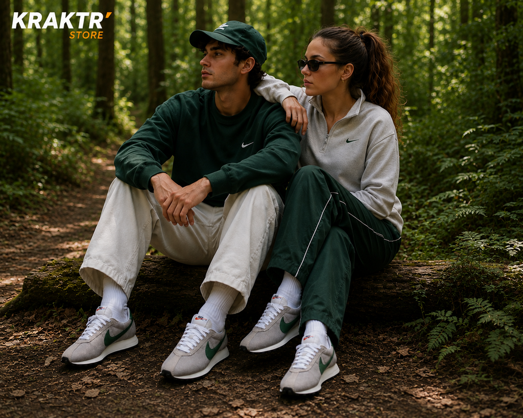 Couple portant des Nike LD-1000 College Grey Fir dans une forêt verdoyante, photo lifestyle outdoor premium avec logo KRAKTR STORE, sneakers rétro running gris et swoosh vert.