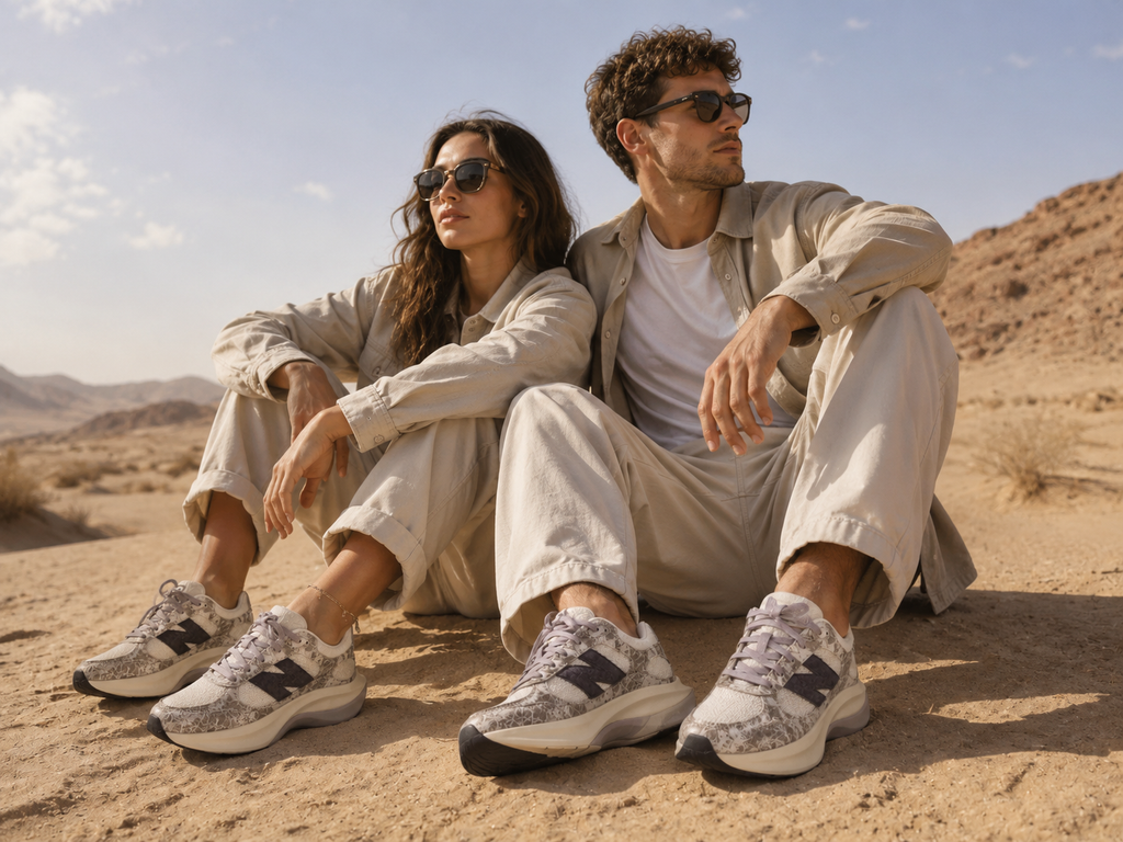 Couple portant des New Balance WRPD Runner Beige Grey dans le désert, sneakers lifestyle unisexes beige et grises, tenue casual premium, ambiance voyage et streetwear moderne, KRAKTR STORE.