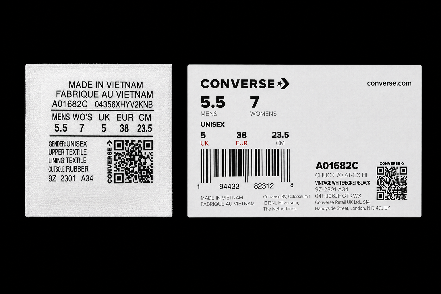 Étiquette boîte Converse Chuck 70 AT-CX Hi A01682C taille 38