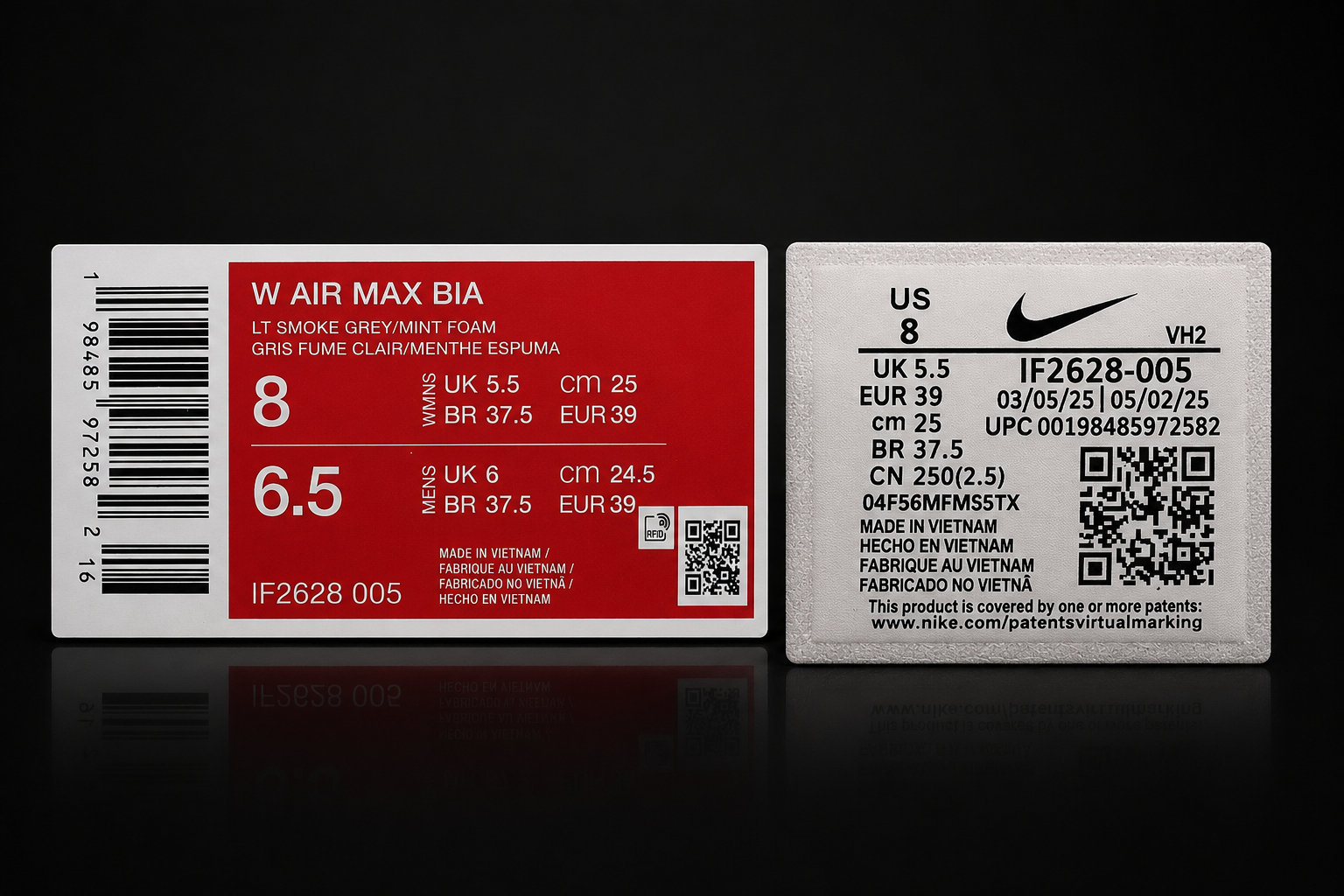 Étiquette boîte Nike Air Max BIA référence IF2628-005 et étiquette intérieure taille 39